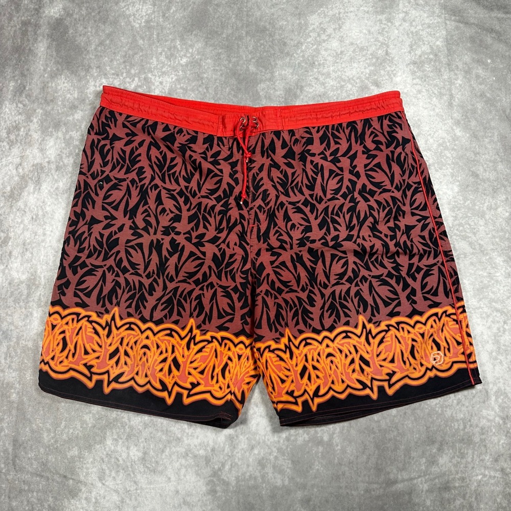 Tribal Flame Print Board Shorts Mens XL Red Orange Black Graphic Swim Trunks